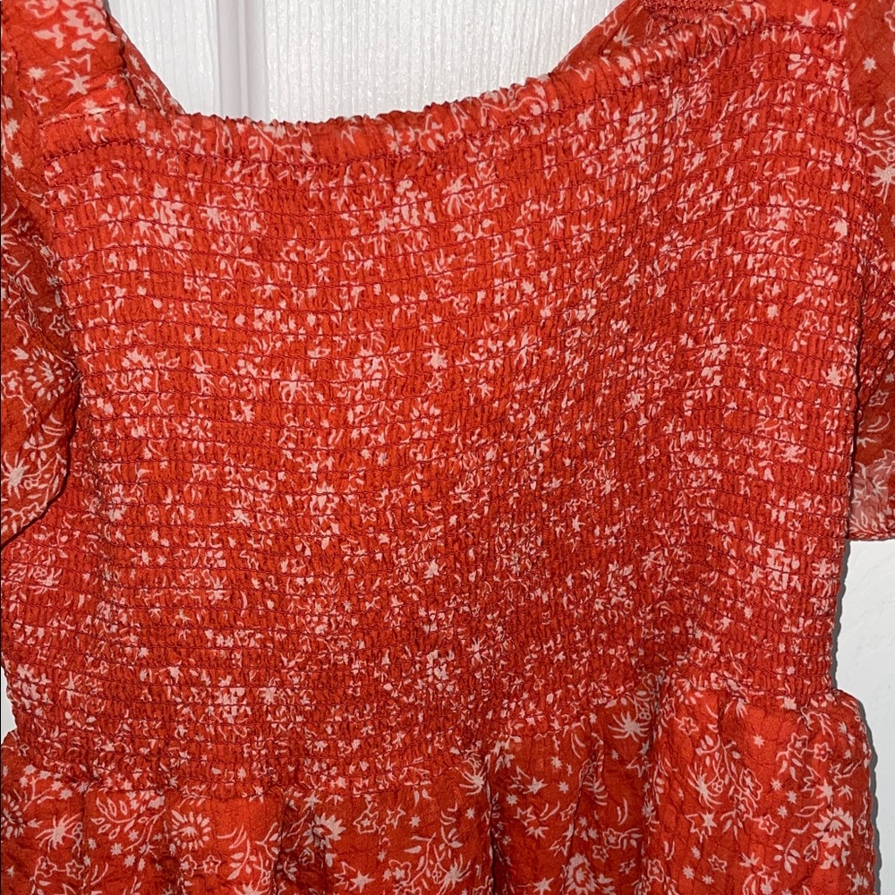 Madewell Coral Red Floral Smocked Mini Dress - Picture 4 of 8